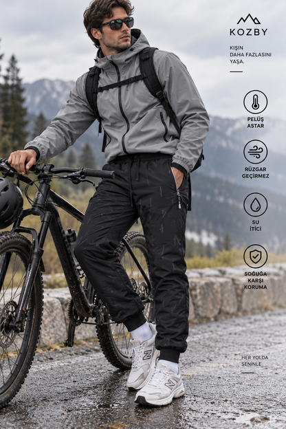 Kozby Peluş Jogger Unisex Rüzgar Geçirmez Kışlık Jogger Pantolon