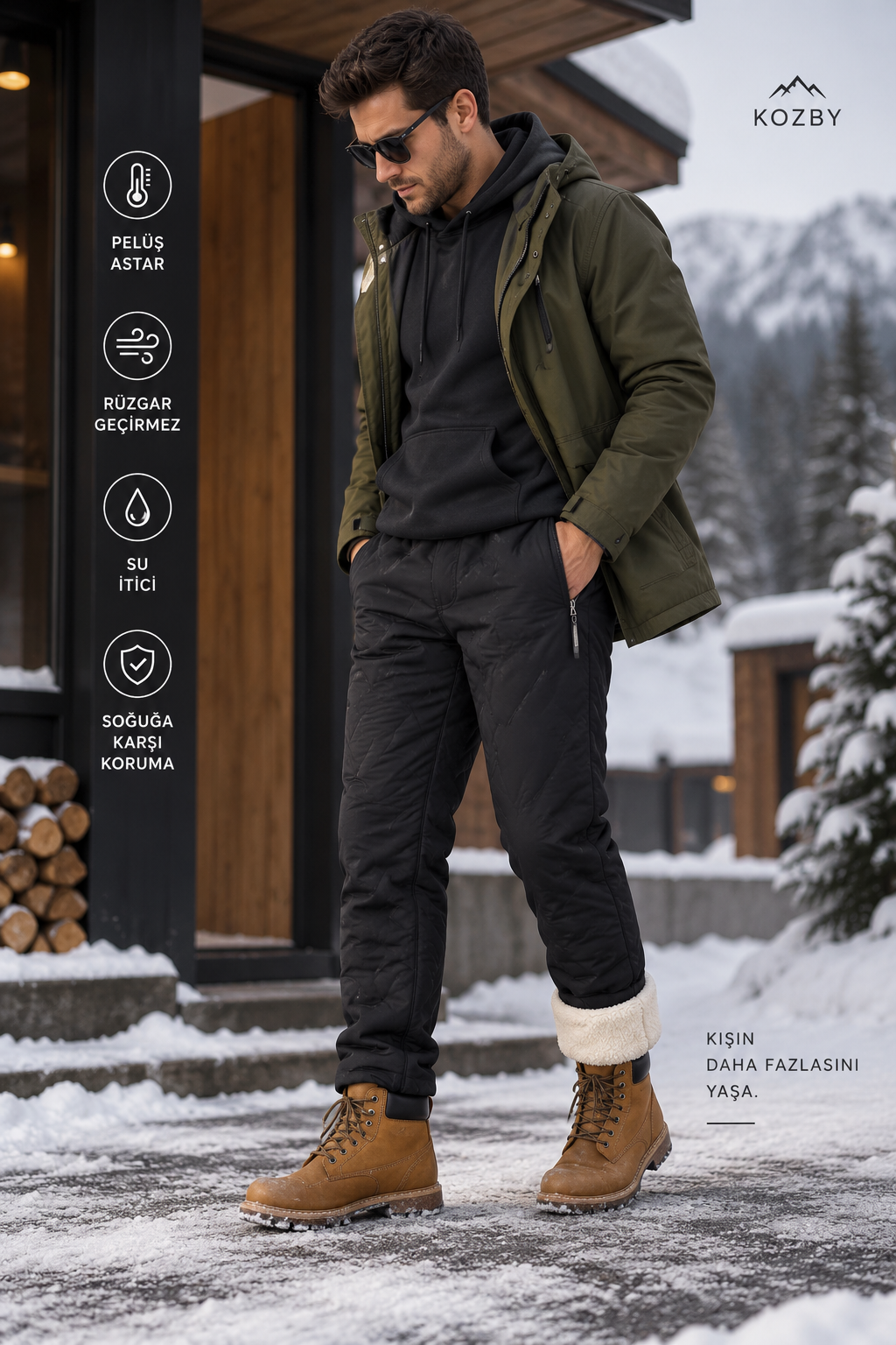 Kozby Peluş Jogger Unisex Rüzgar Geçirmez Kışlık Jogger Pantolon